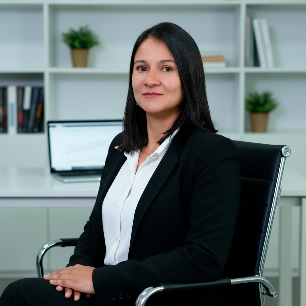 Mujer sentada en oficina con traje formal y laptop abierta.