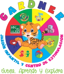Logo colorido de un jardín infantil con un tigre bebé y elementos educativos.
